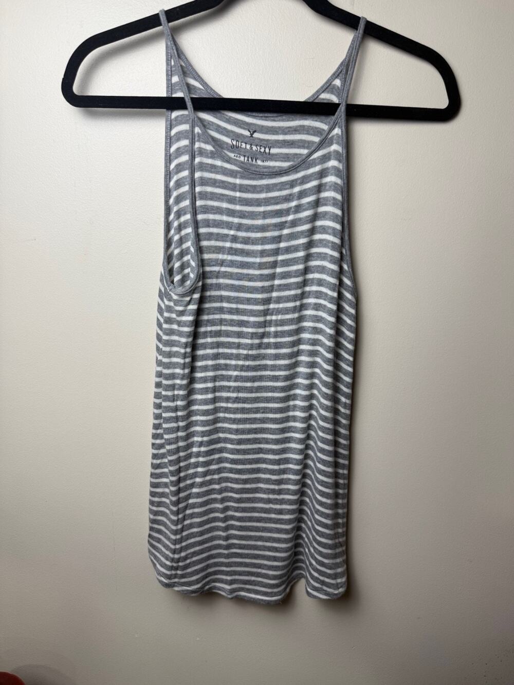 AEO Soft & Sexy Tank Top Small Gray White Stripe Swing Cami Sleeveless Stretch